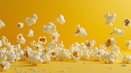 Simple yellow serves as the stage for popcorn in motion. - obrazy, fototapety, plakaty