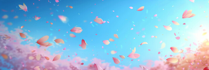  pink blossoms falling from the sky on blue sky background, pink cherry blossoms wallpaper banner, empty space background - obrazy, fototapety, plakaty