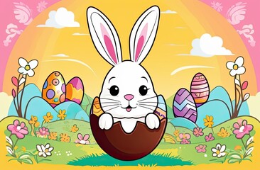 Obraz na płótnie Canvas A cute Easter bunny with a basket of chocolate eggs and spring flowers is an illustration of a children character, a traditional holiday card on a colored background.