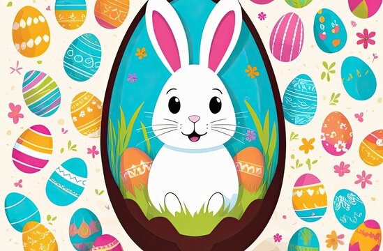 A cute Easter bunny with a basket of chocolate eggs and spring flowers is an illustration of a children character, a traditional holiday card on a colored background.