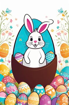 A cute Easter bunny with a basket of chocolate eggs and spring flowers is an illustration of a children character, a traditional holiday card on a colored background.