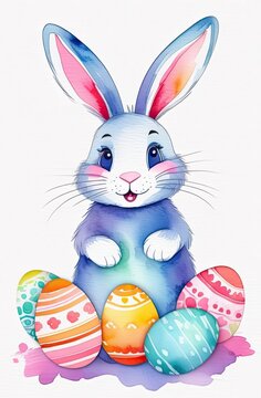 A cute watercolour Easter bunny with a basket of eggs and spring flowers is an illustration of a children character on a white background, a traditional holiday card. 