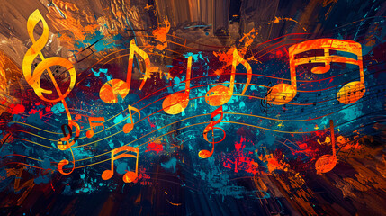 Vivid musical notation symbols create a captivating melody on the abstract background.
