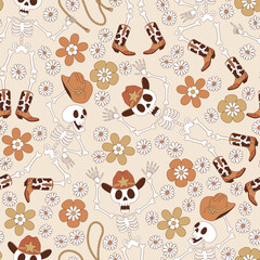Groovy western Halloween dancing cowboy skeleton rodeo party among daisy flowers vector seamless pattern. Hand drawn retro October 31 holiday howdy wild west aesthetic floral background.