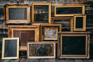 Assorted Baroque Vintage Frames Against A Wall. A collection of empty vintage picture frames against a textured wall, presenting a variety of sizes and ornate designs - obrazy, fototapety, plakaty