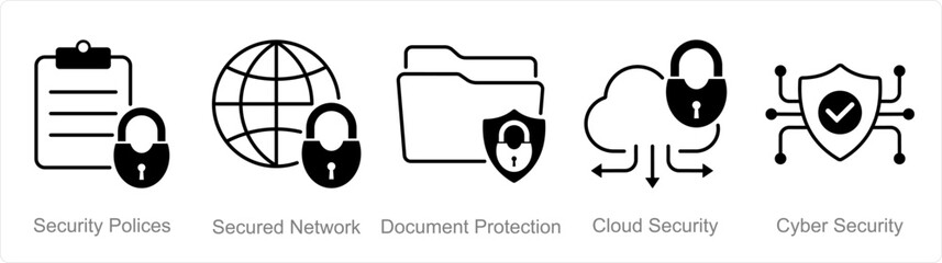 A set of 5 security icons as security policies, secured network, document protection