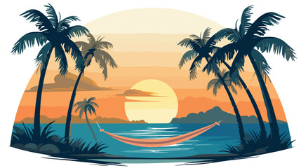 A serene beach with palm trees and a hammock. - obrazy, fototapety, plakaty