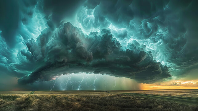 A breathtaking image of a supercell storm with intense green hues and bolts of lightning over a tranquil field, illustrating the power of nature