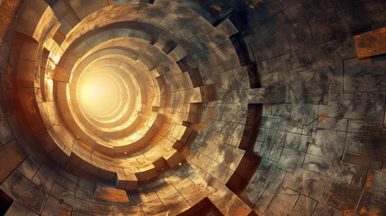 Spiral architecture leading to a glowing centre in warm golden tones.