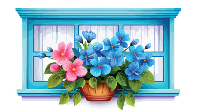 Blue rustic wooden window with beautiful flowers made