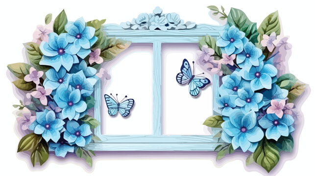 Blue rustic wooden window with beautiful flowers made