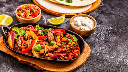 FAJITAS with colored pepper and onions, served with tortillas.