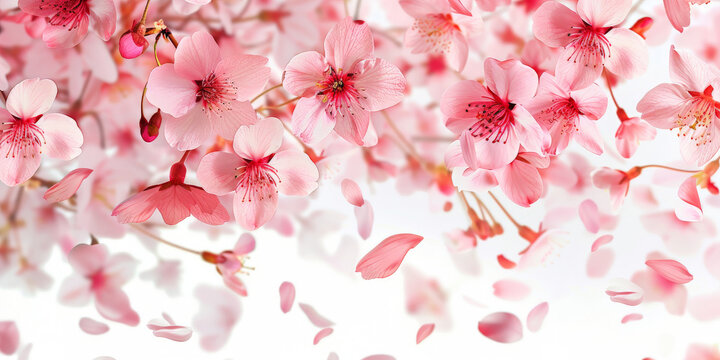 Pink cherry blossom petals flying in the air on white background.banner.copy space