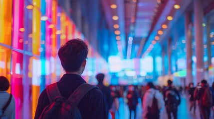 Future tech expo, AI innovations showcase, engaged audience, soft indoor lighting , vibrant