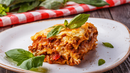 Fototapeta premium Traditional lasagna made with minced beef bolognese sauce