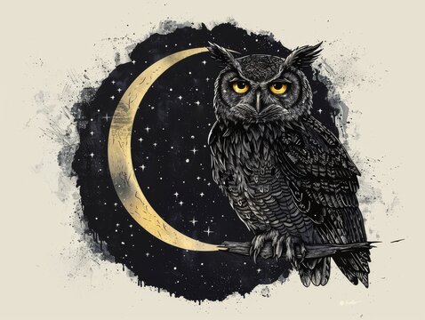 A black owl is sitting on a crescent moon. The owl is looking at the camera. The image has a mysterious and eerie mood