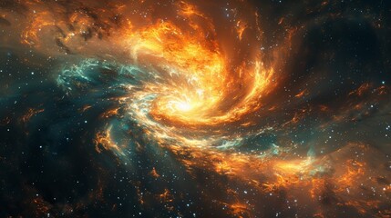 A spiral galaxy with a bright orange center. The galaxy is filled with stars and is surrounded by a dark blue background. The orange center of the galaxy is the brightest part of the image - obrazy, fototapety, plakaty