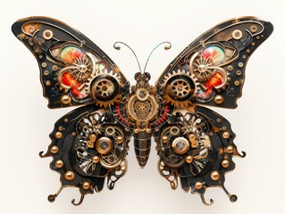 A butterfly with gears and a clockwork design. The butterfly is black and red with a gold and silver design
