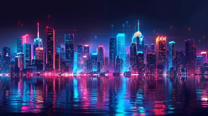 A city skyline is reflected in the water, with neon lights illuminating the buildings. Scene is vibrant and energetic, with the neon lights creating a sense of excitement and movement - obrazy, fototapety, plakaty