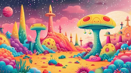 A colorful, fantastical landscape with a large mushroom in the foreground. The sky is filled with stars and a moon