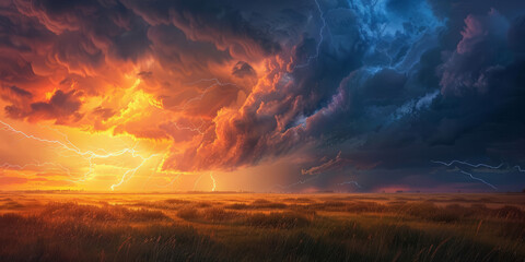 A vibrant and intense orange sky is filled with stormy clouds enhanced by lightning, setting over tranquil golden fields - obrazy, fototapety, plakaty