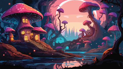 Fairy houses in fantasy forest with glowing mushrooms