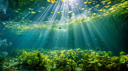 Underwater plant growth fish in environment, AI Generative.