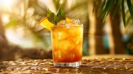 Mai Tai cocktail against a backdrop of sunny tropical scenery. Sipping on a glass of this refreshing alcoholic beverage.