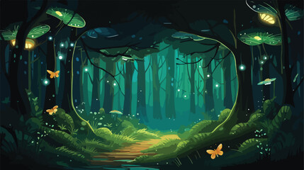 Fantasy firefly lights in the magical forest 