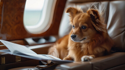 Business dog reviewing documents in airplane, close perspective, plush environment, gentle lighting, Nikon z7