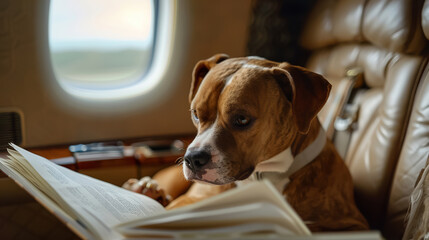 Business dog reviewing documents in airplane, close perspective, plush environment, gentle lighting, Nikon z7