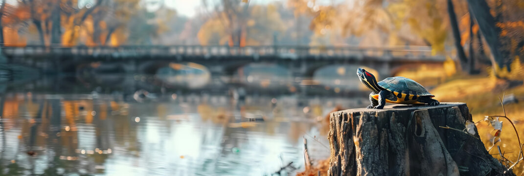 a turtle sitting on top of a tree stump in front of a body of water with a bridge in the background.