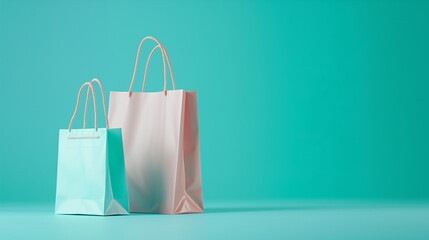 Two shopping bags in turquoise and pink isolated on a turquoise background. Studio product photography. product package, Shopping bag mockup. Right copy space. Generative AI