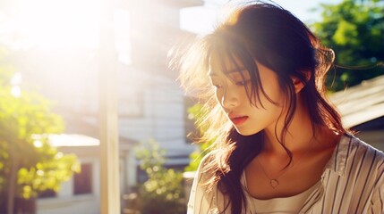 熱中症、日射病、夏の日差しとつらそうな日本人女性
