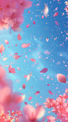 pink blossoms falling from the sky on blue sky background, pink cherry blossoms wallpaper banner, empty space background	
