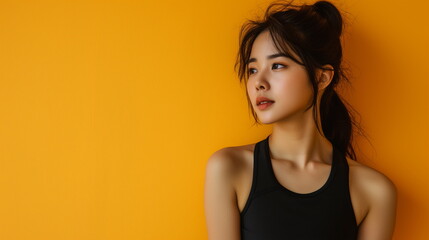 Korean female fitness model wearing a tank top. Close-up of the side profile of the face. Yellow studio background. An Asian girl model with oriental beauty. Copy space. Generative AI - obrazy, fototapety, plakaty