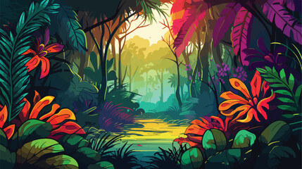 Fototapeta na wymiar Fantasy tropical jungle forest in surreal colors.
