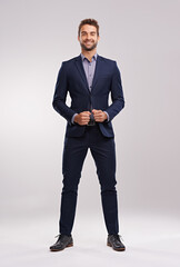Portrait, studio and happy businessman with confidence, corporate fashion and pride. Salesman,...
