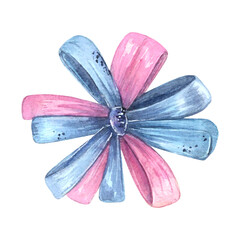 Balloon flower birthday watercolor drawing pink blue bow. Anniversary holiday celebration. Decoration isolated on white background