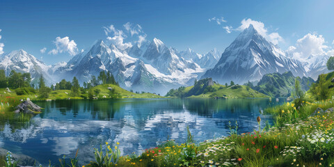 Fototapeta na wymiar A panoramic view of the Swiss Alps with snowcapped peaks, reflecting in an emerald lake surrounded by wildflowers and lush green meadows under a clear blue sky