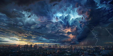 Intense blue storm clouds amassing over the urban cityscape with brilliant lightning strikes illuminating the sky