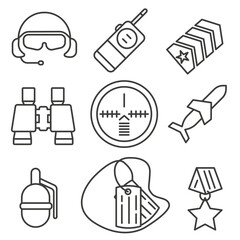 Simple thin line military icons. Military icons. Vector illustration.