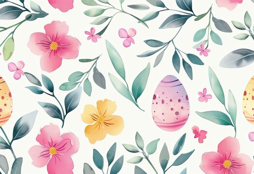 Easter seamless pattern with watercolor eggs and flowers. Watercolor drawing, easter concept