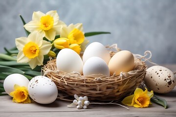 A nest with eggs and flowers.