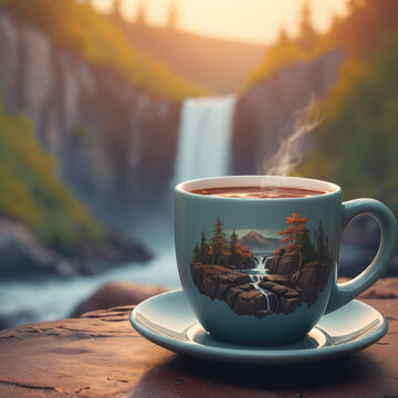 cup of coffee on the rocks or coffee content promotion, coffee and background waterfall or content of the coffee in my life