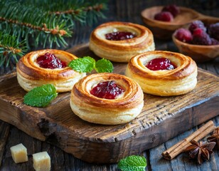 Cheese and jam puff pastry wheels, Christmas appetizers on a wooden board - obrazy, fototapety, plakaty