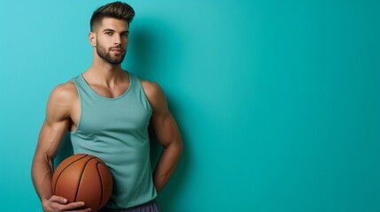 A handsome bearded male basketball player model stands looking at the camera with a basketball in one hand. Isolated on turquoise studio background. copy space. Generative AI - obrazy, fototapety, plakaty