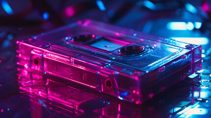 Glowing Neon Retro Audio Cassette on Vibrant Background: Music of the Past