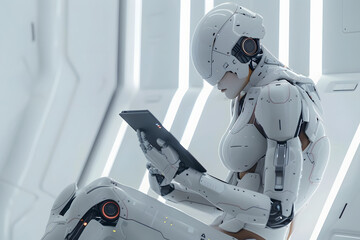 Futuristic Robot Woman Using Tablet: AI Technology in Action on White Background