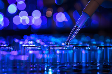 Blue Elixir: Scientific Test Tubes with Liquid Samples and Pipette